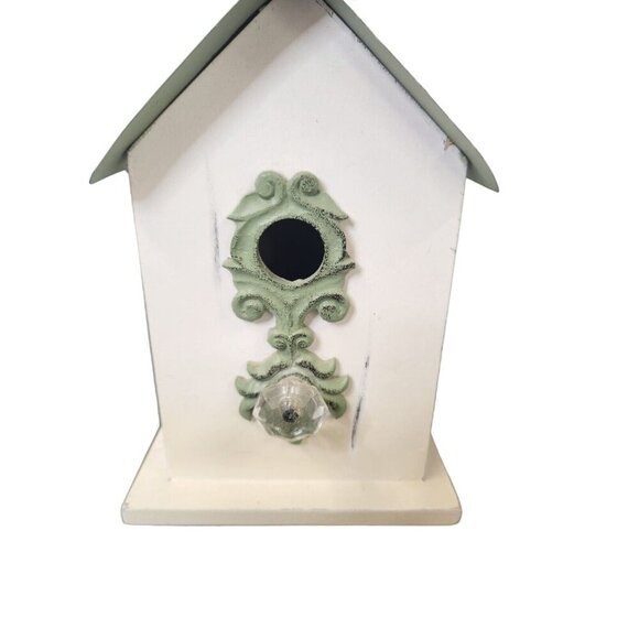 Charming Decorative Wooden Birdhouse With Distressed White & Green Finish Embell - Picture 6 of 7